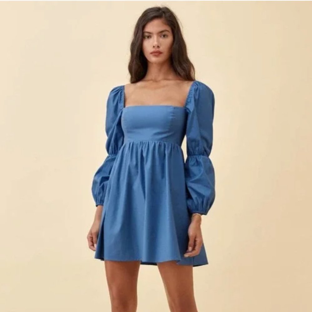 Reformation Michaela Puff Sleeve Babydoll Dress Blue